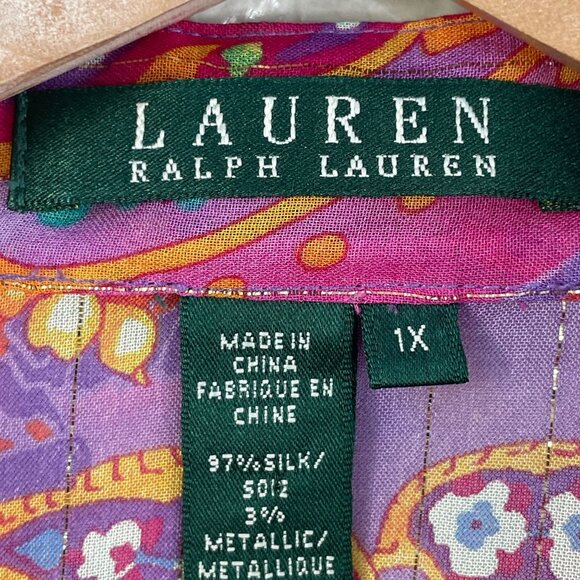 Lauren Ralph Lauren Womens Plus 1X Tunic Top Blouse Purple Paisley Silk Metallic - Picture 5 of 11